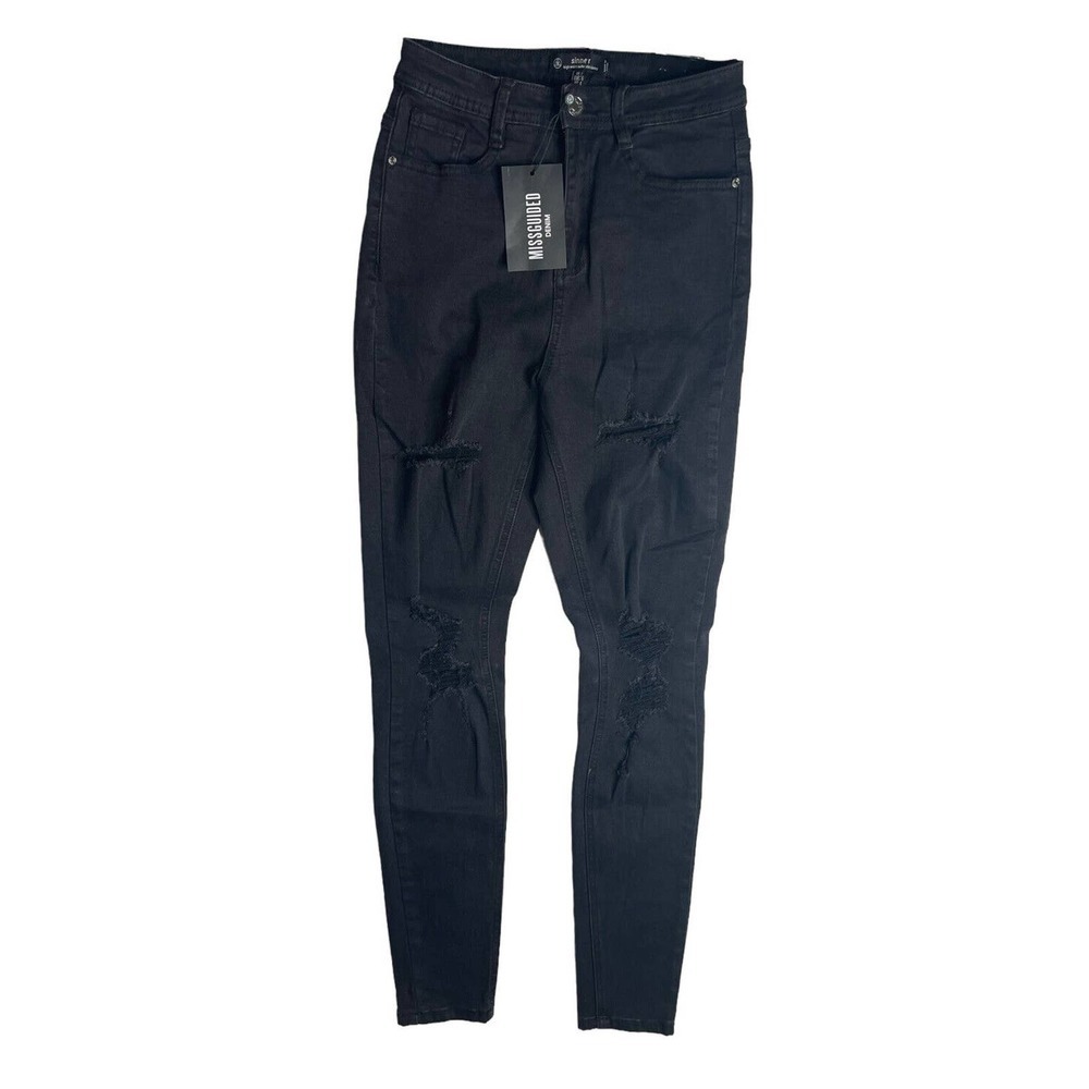 NEW Missguided Sinner Womens High Waist Skinny Black Distressed Jeans Size 4